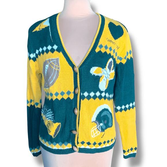 Vintage 90s Green Bay Packers Football Oversized Knit Cardigan Sweater Small - Picture 11 of 11